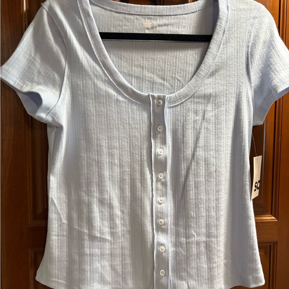 SO Light Blue Scoop Neck Button-Front Top